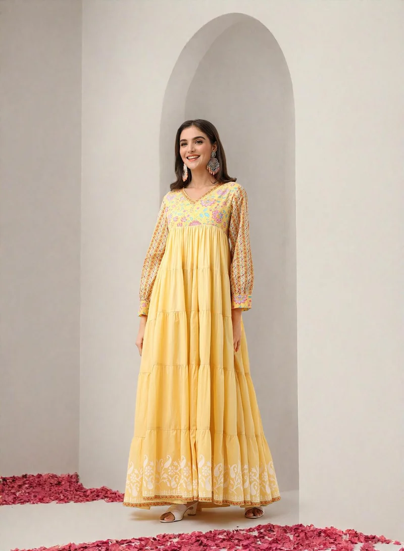 آي شين Women's Yellow 100% Cotton Embellished Midi Smock Straight Fit Dress